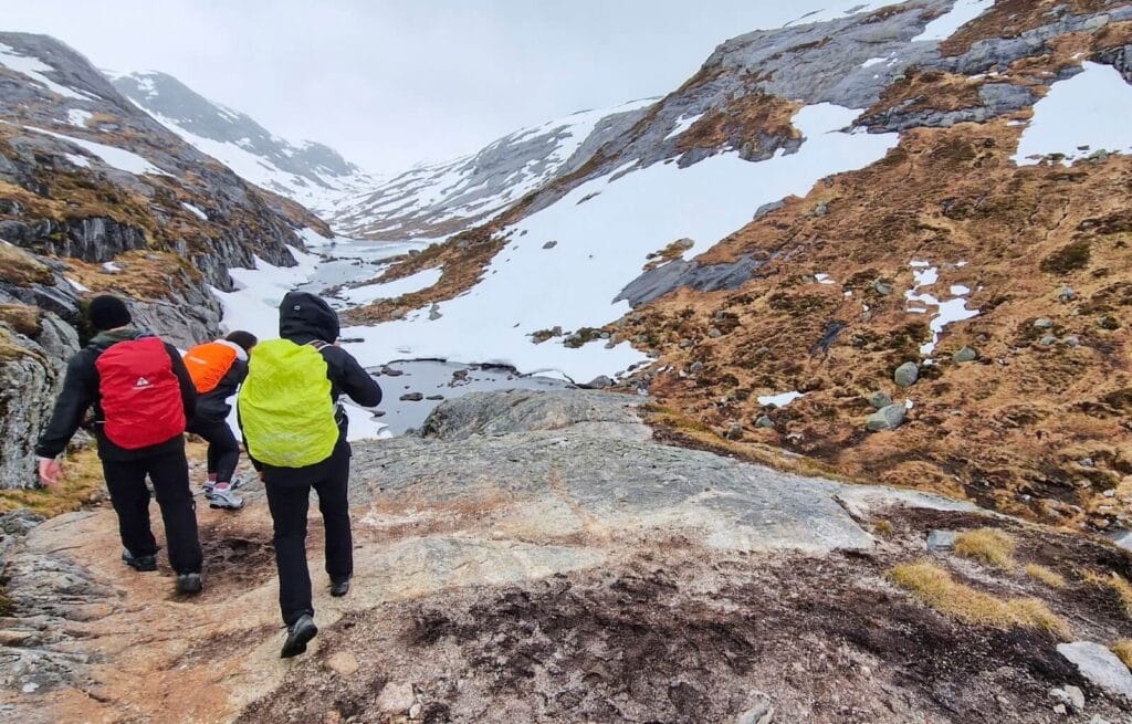 Us hiking with our waterproof bag covers in Norway