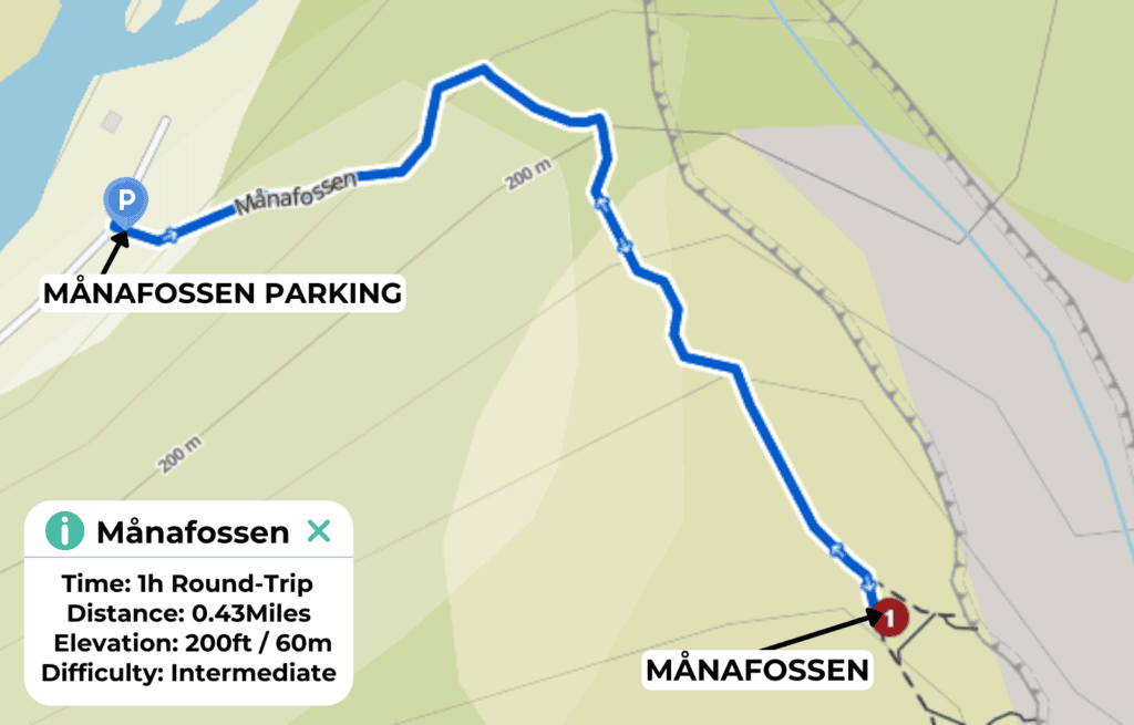 Map showing the Månafossen trail from the parking area to the waterfall in Norway.