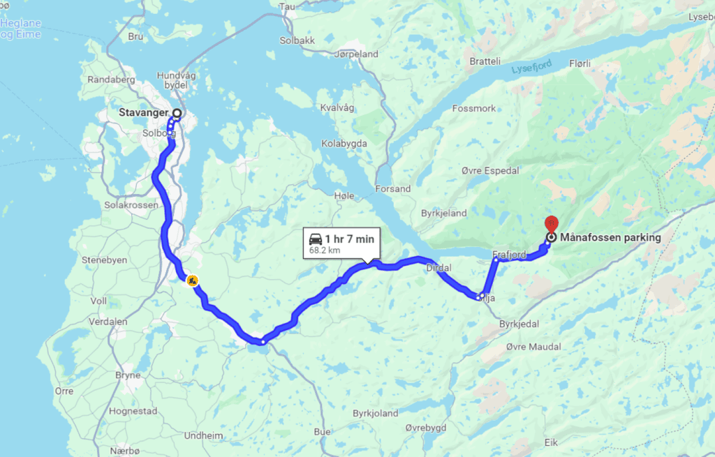 Map showing route from Stavanger to Månafossen waterfall in Norway.