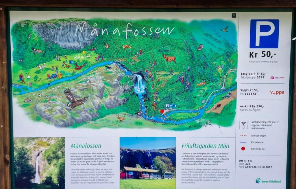 Colourful map of Månafossen waterfall and surrounding area with hiking trails, wildlife, and facilities.