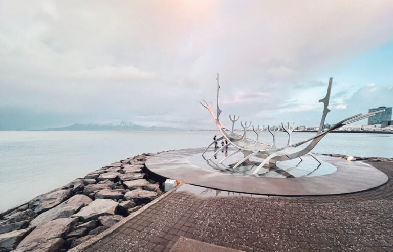3 days in Iceland - header image - sun voyager in Reykjavik with pink skies in the background