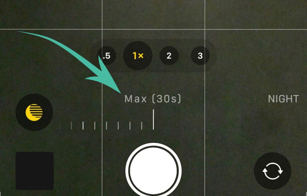 IPhone camera screen showing night mode with a 30-second exposure setting and a yellow moon icon.