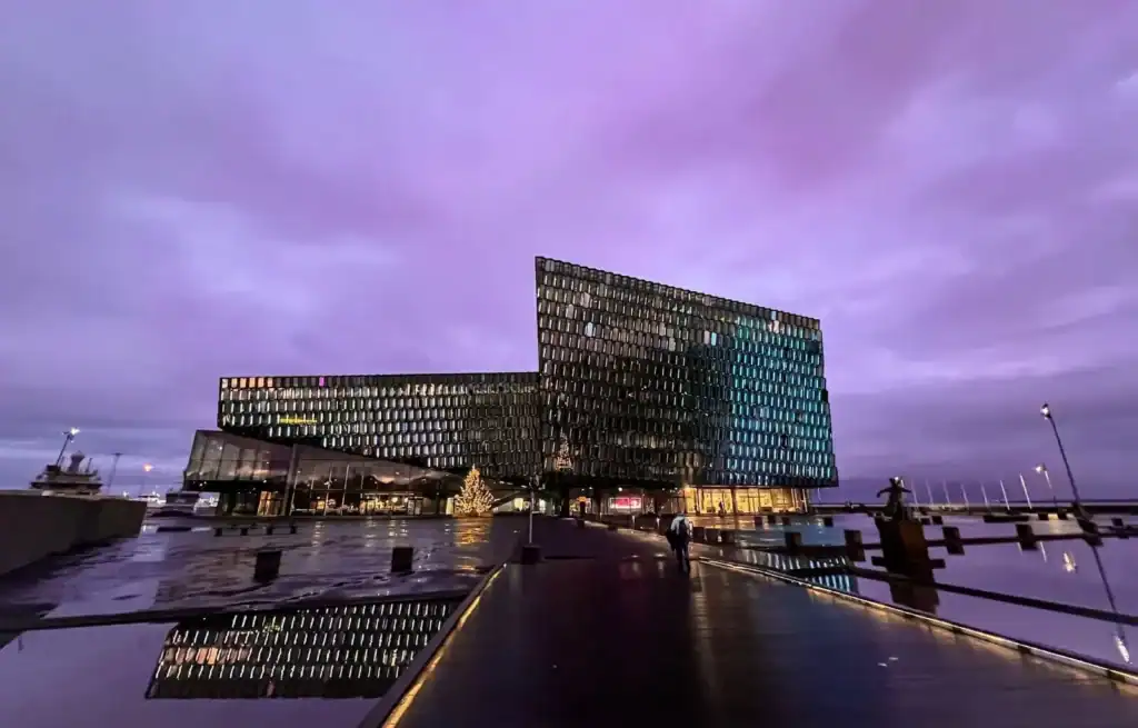 The incredible Harpa concert hall in Reykjavik at sunset