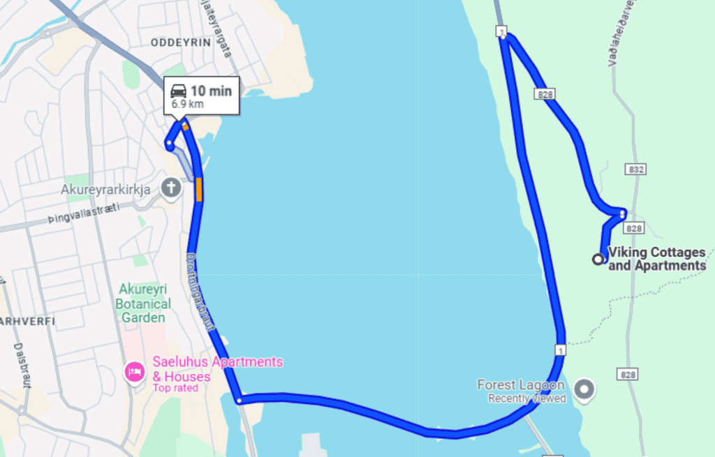 The drive from the city centre to Viking Cottages and apartments
