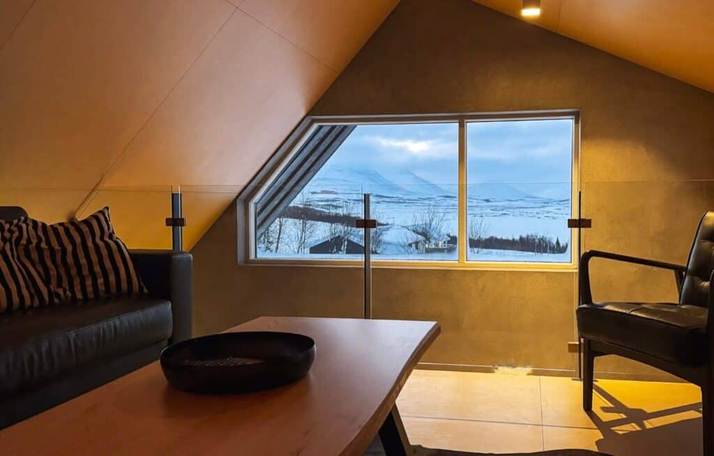The upstairs sitting area and the view over the mountains