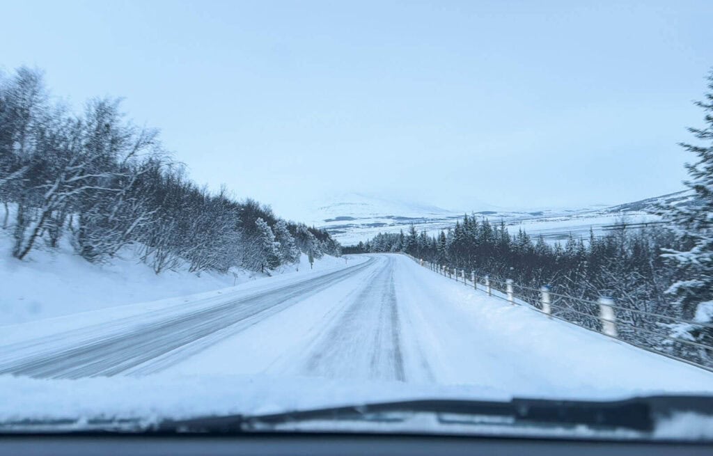 Driving through wintery roads in Akureyri