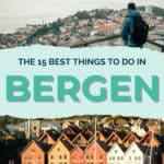 A person overlooking Bergen's colourful waterfront houses with a fjord in the background.