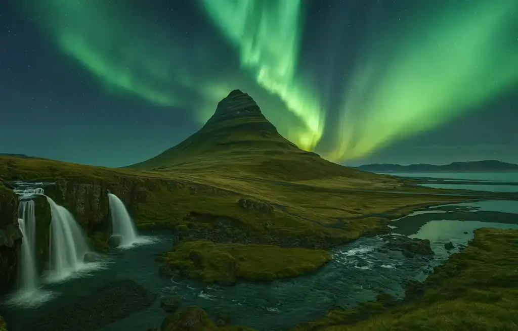 Mount Kirkjufell under the Northern Lights