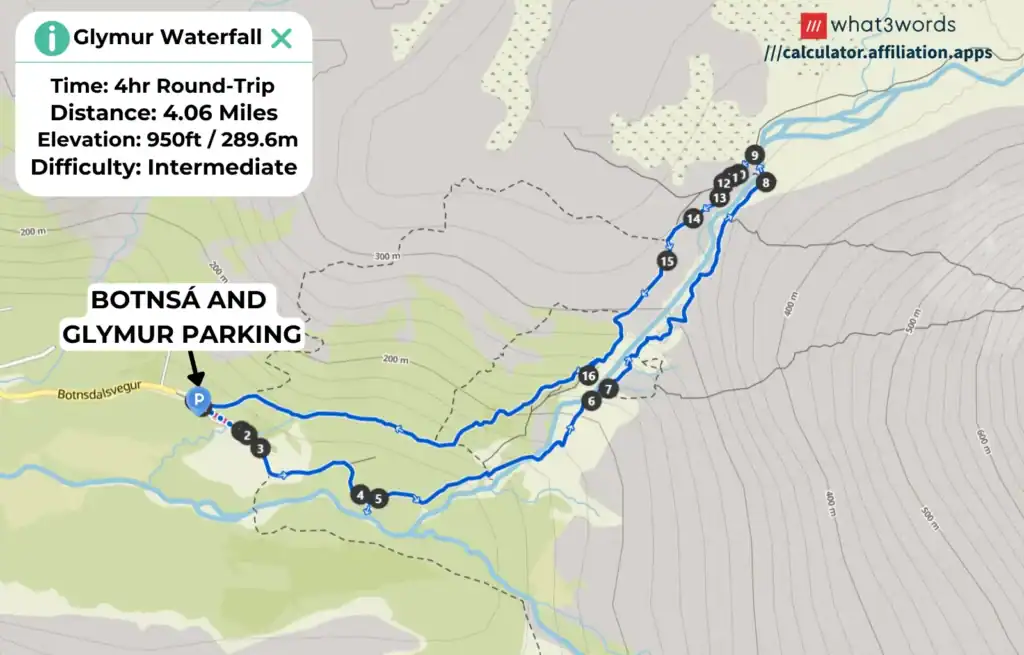 Map of Glymur Waterfall hike showing trail, parking, and elevation details in Iceland.