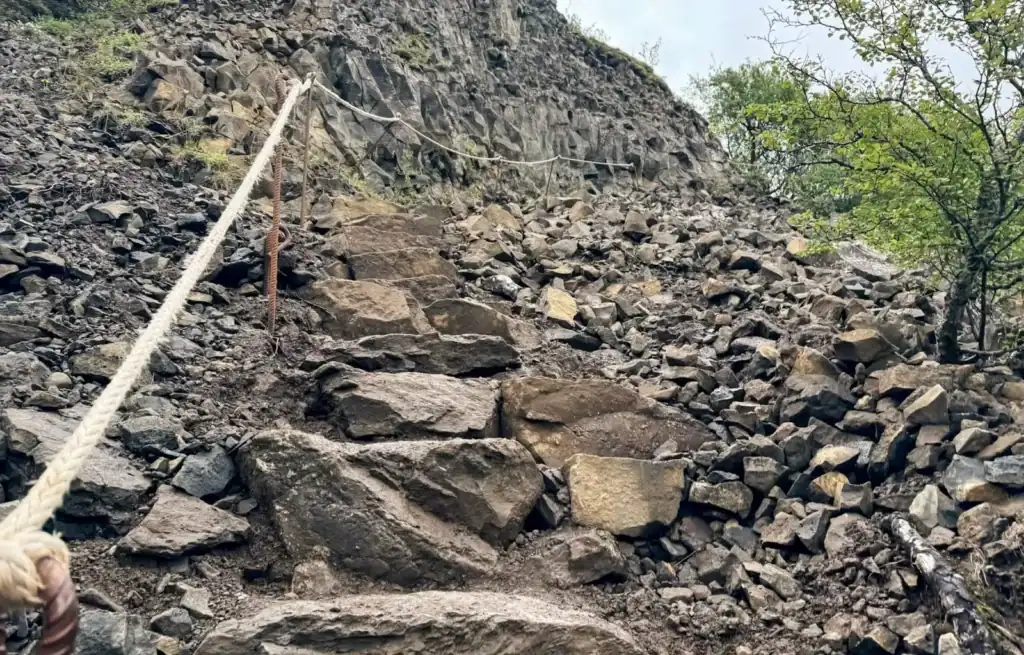 Steep rocky trail with a rope handrail on the side, surrounded by sparse trees and rocks.