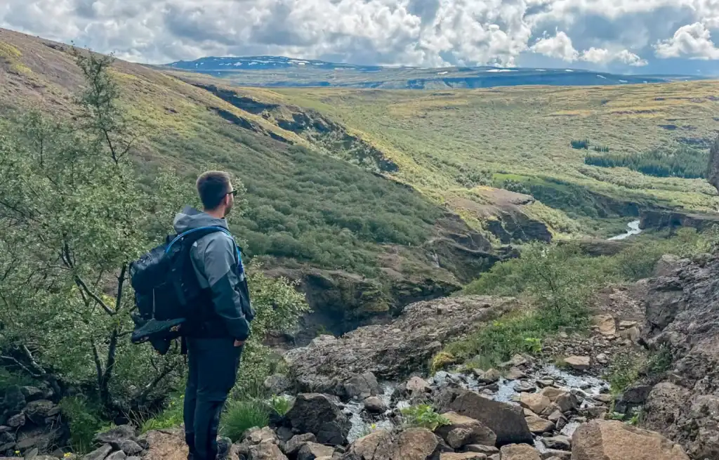 Hiker overlooking a lush green valley with a river and distant mountains under a partly cloudy sky.