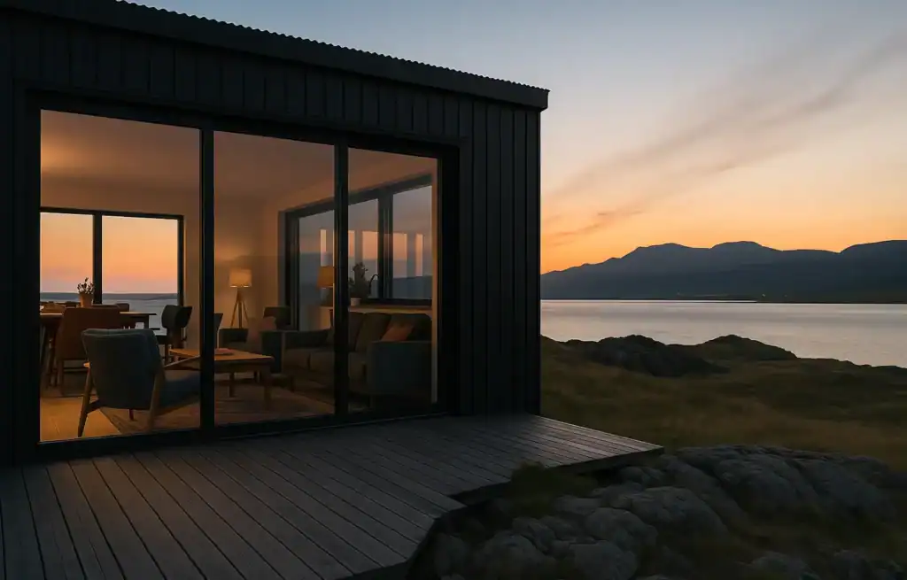 Modern black house with large glass windows overlooking a sunset over mountains and water.