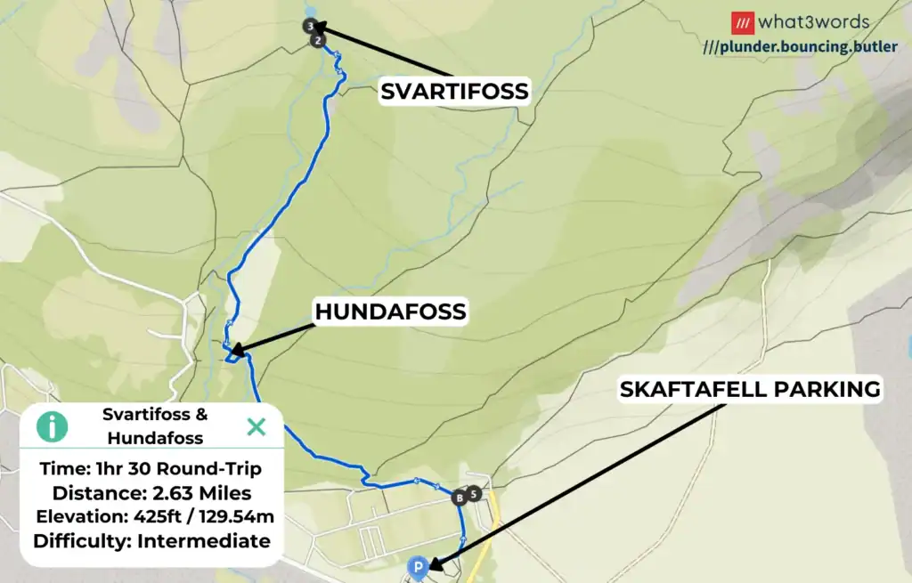 Map showing hiking trail from parking to Svartifoss and Hundafoss waterfalls in Iceland.