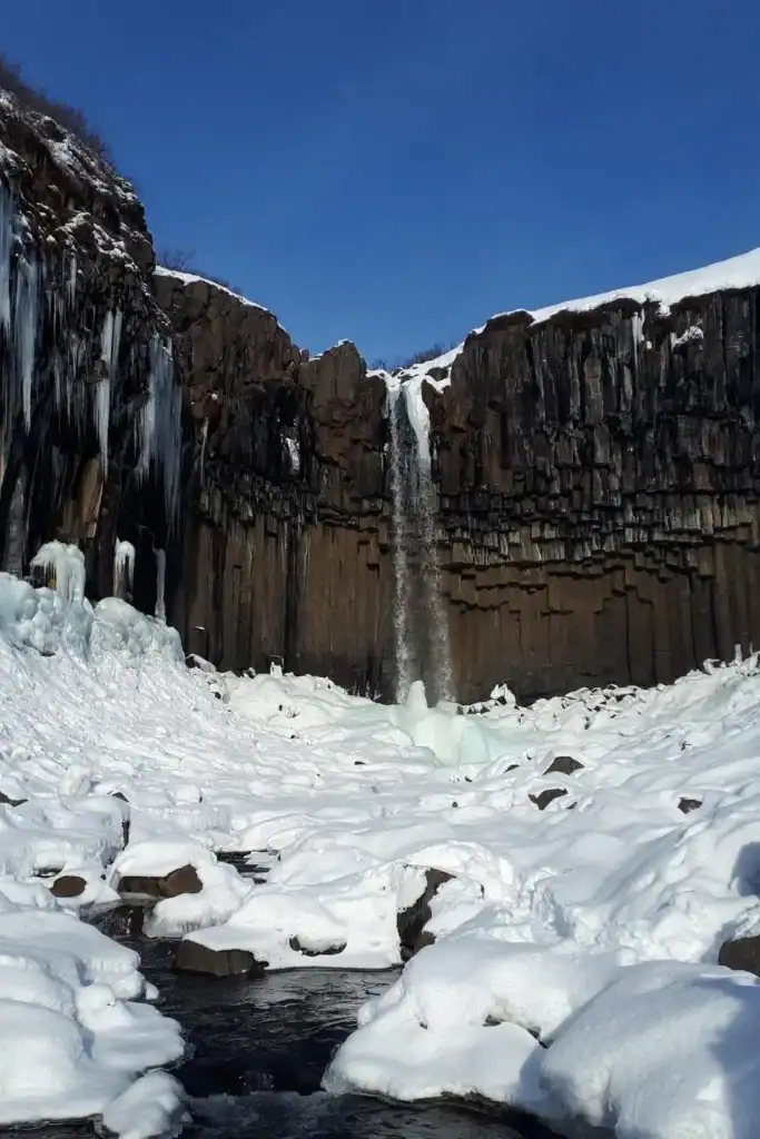 Frozen waterfall cascading down basalt columns with snow-covered rocks and a clear blue sky.