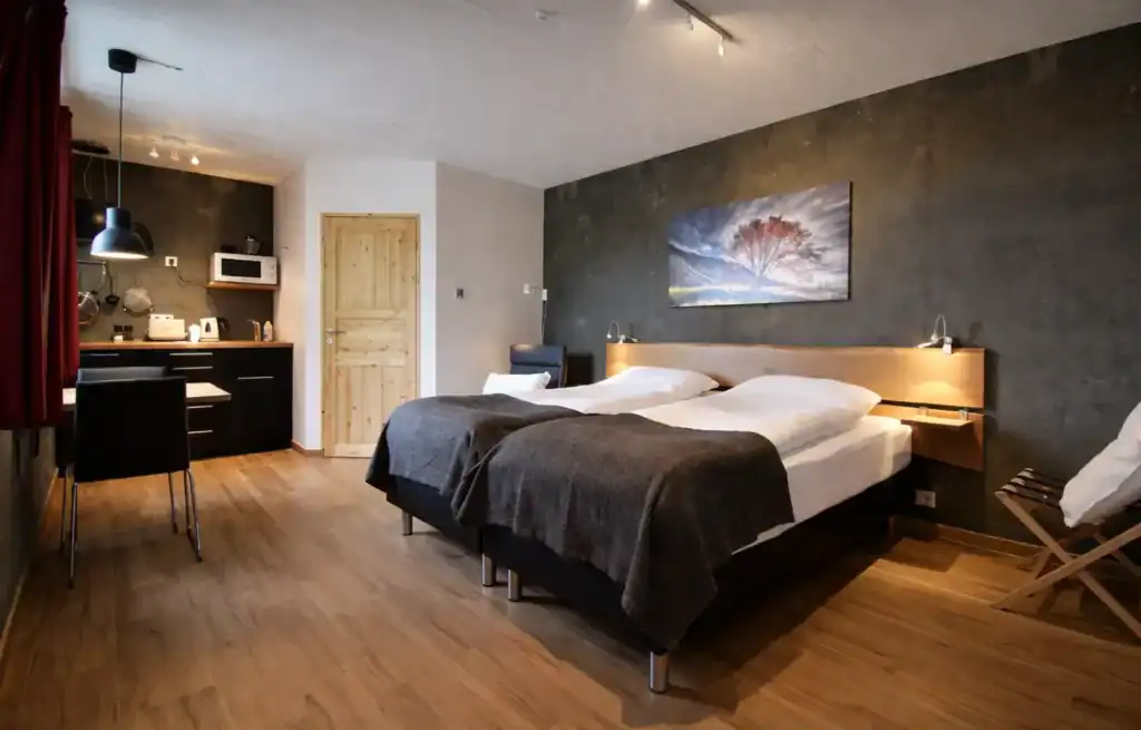 Modern hotel room with two beds, a painting, and a small kitchenette area in the background.