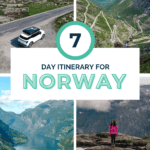 Scenic views of Norwegian fjords, mountains, and hiking trails with a person in a pink jacket overlooking a fjord.