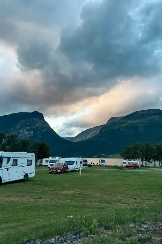 One of our campsites in Norway with the sunset in the background